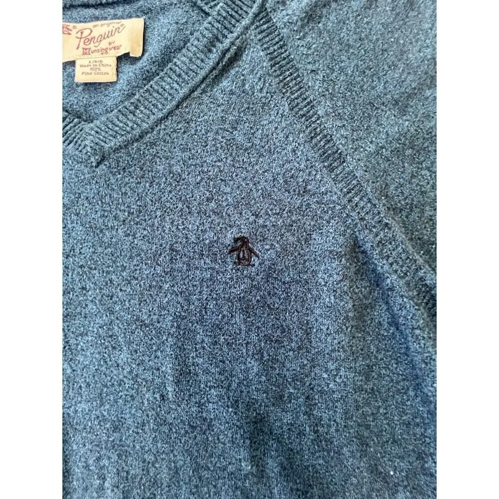 Penguin by Munsingwear Sweater Mens Pullover Blue V Neck 100% Pima Cotton, Large